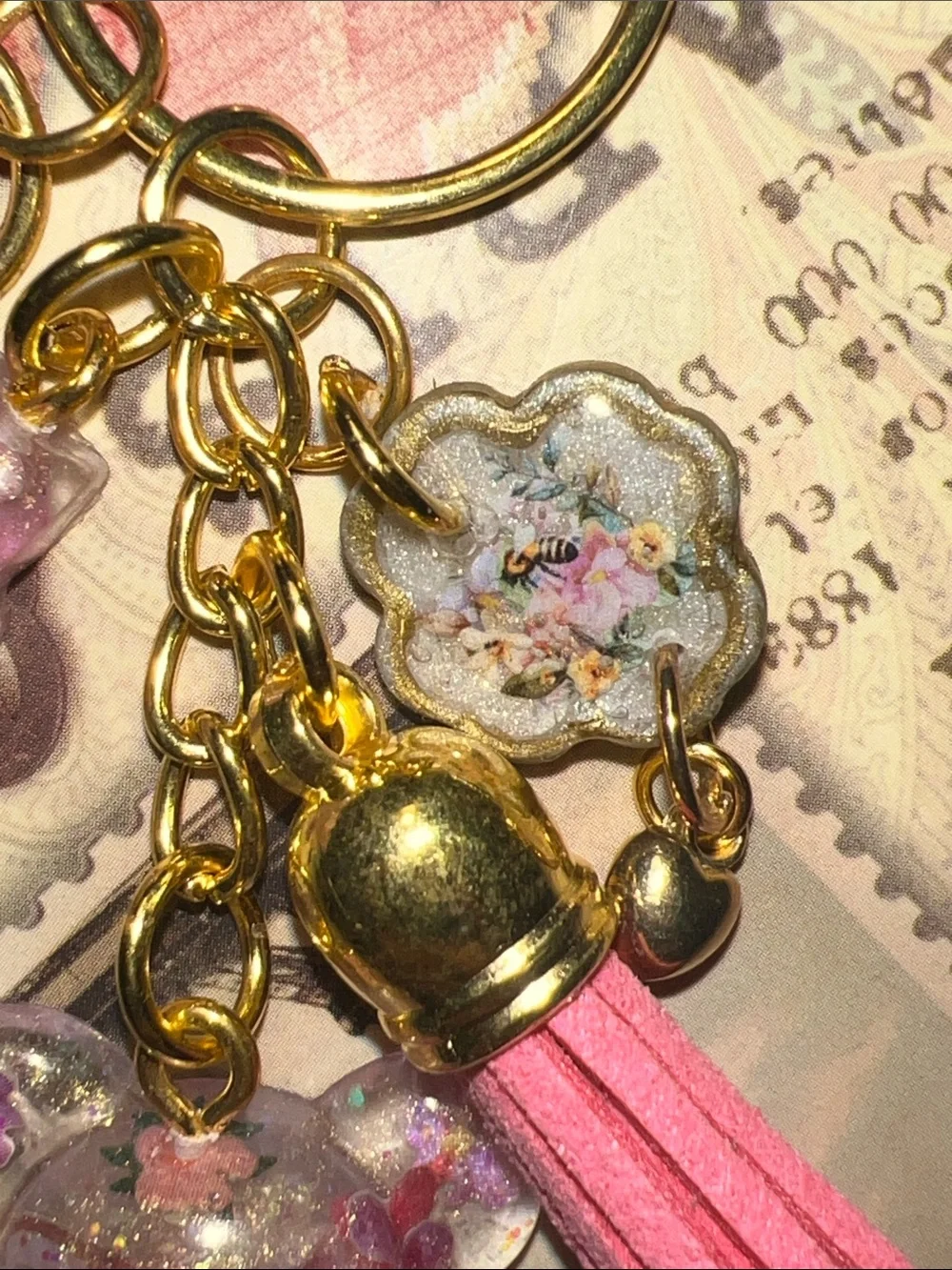 Gold Pink Floral Bear Keychain, backpack or purse Charm.
